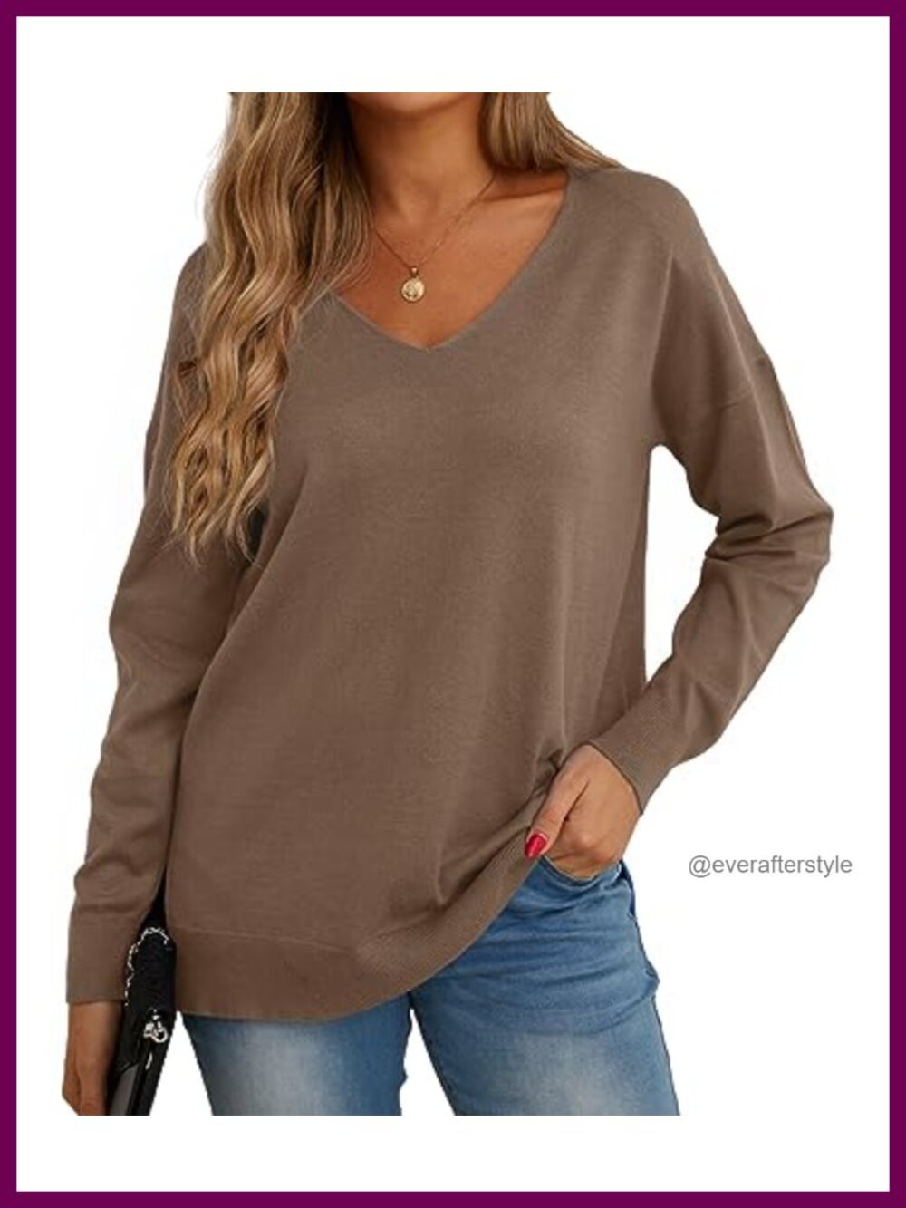 Women's Loose Knit Pullover Sweater V-Neck Long Sleeve Side Split Casual